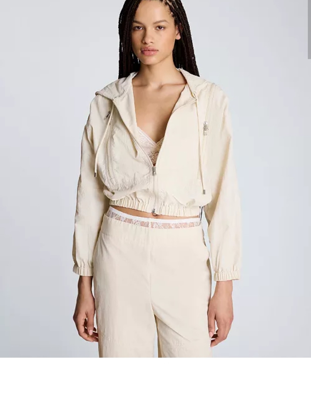Kenneth Cole Zippered Hooded Bomber Jacket in Cream